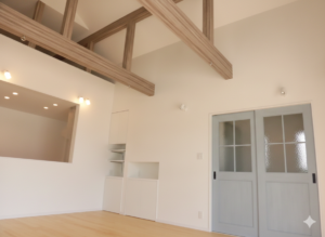 平屋勾配天井にロフトと見せ梁